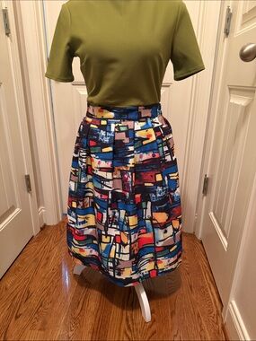 Abstract Print A-Line Midi Skirt in Multicolor
